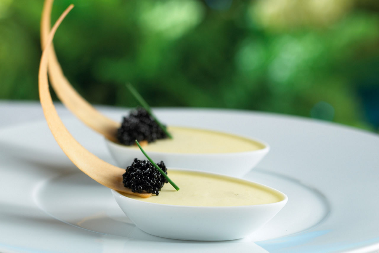 Elegant, Fine Dining, Caviar dessert. Best cruise line dining at 150 Central Park, American dining by chef Michael Schwartz
