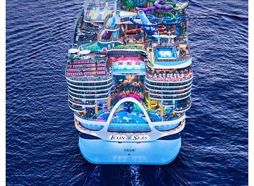 Aerial view of Icon of the Seas sailing at sea