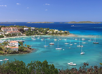 Aerial view of harbor with sail boats docked. The Caribbean