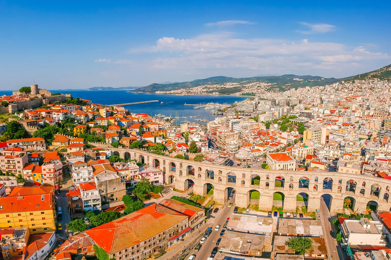 Aerial view of old town, castle and aqueduct in Kavala, Greece, Europe