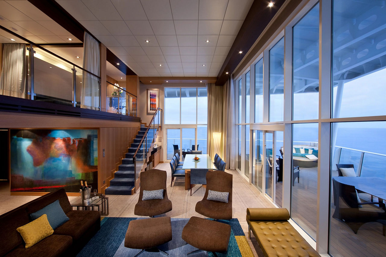 Allure of the Seas, Oasis Class, Royal Loft Suite with Balcony, Deck 17 Midship, stateroom, cabin, two story, main floor, first floor, two decks.