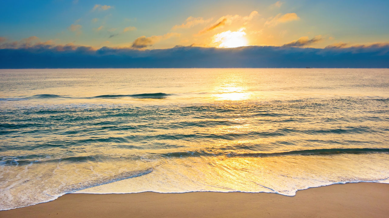 Beach in the Galapagos with sun setting behind it
