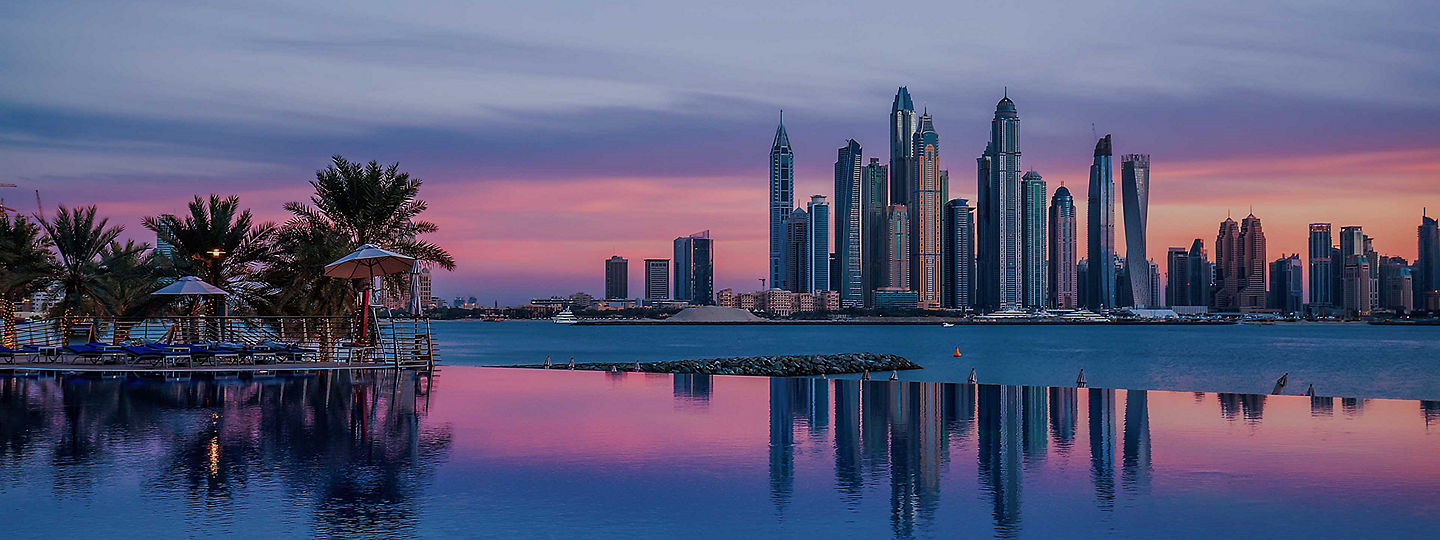 Panorama of Dubai Marina at sunset