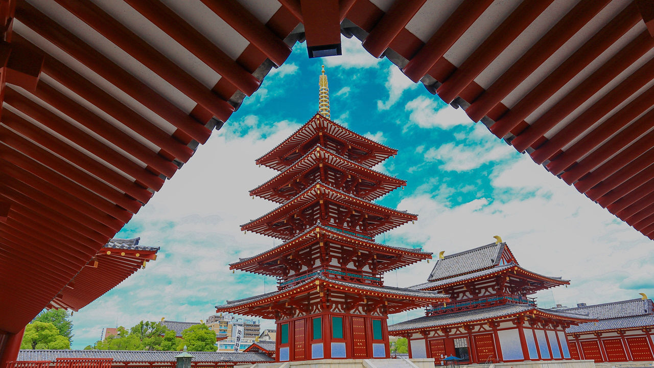 a creative shot of the pagoda of Shitennoji Temple in Osaka, Japan