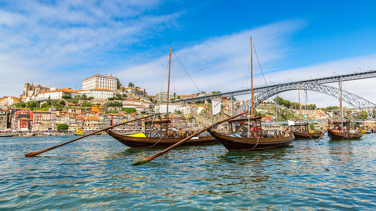 Boats docked in Douro River in Porto (Leixoes), Portugal