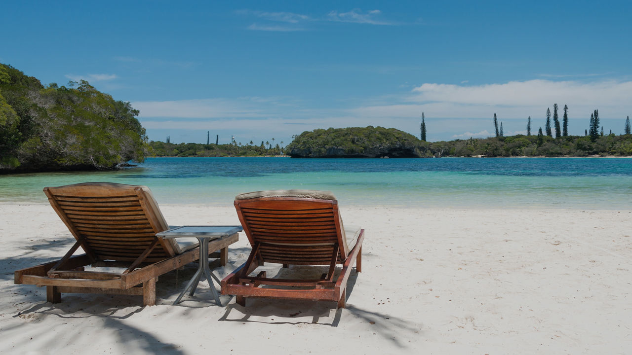 recliners on a beach in Isle of Pines