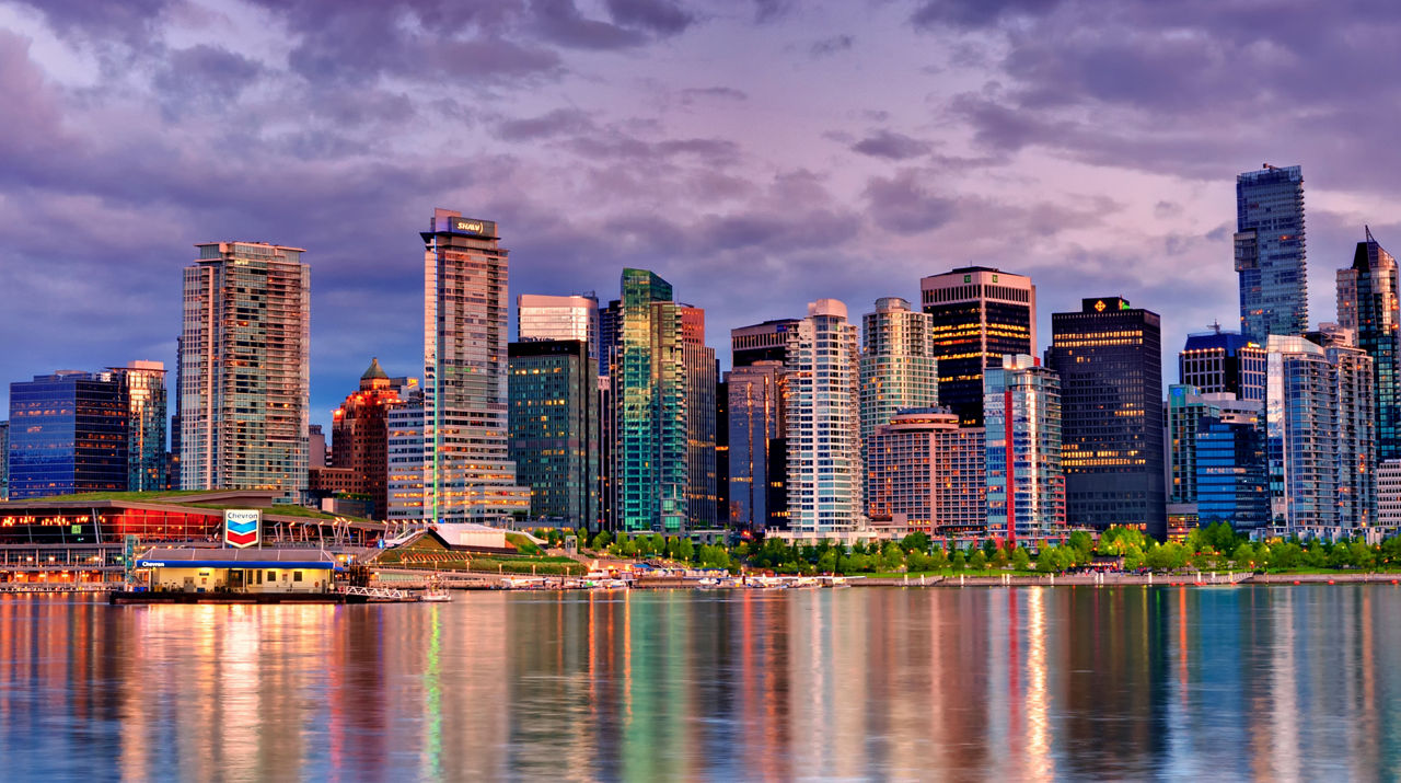 view of Vancouver skyline by night