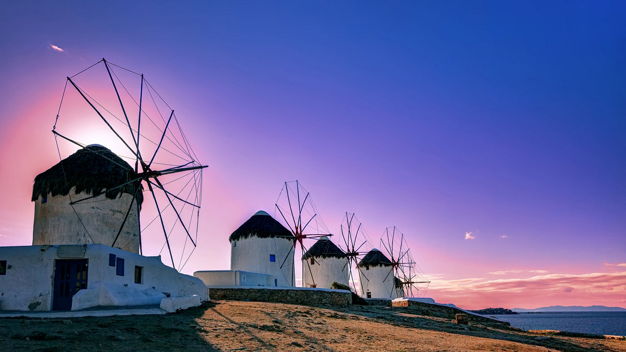 mykonos windmills at sunset 3840x2160