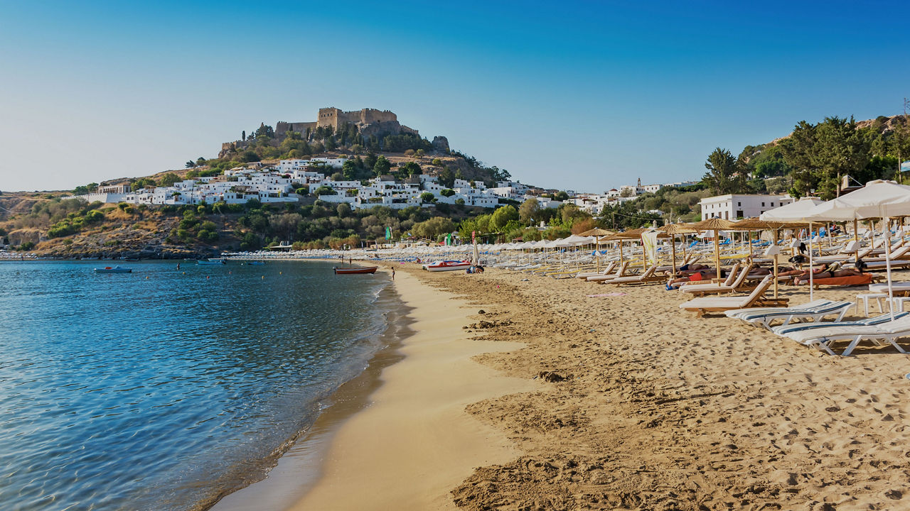 scenic beach and lindos village in rhodes greek isles 80 opacity