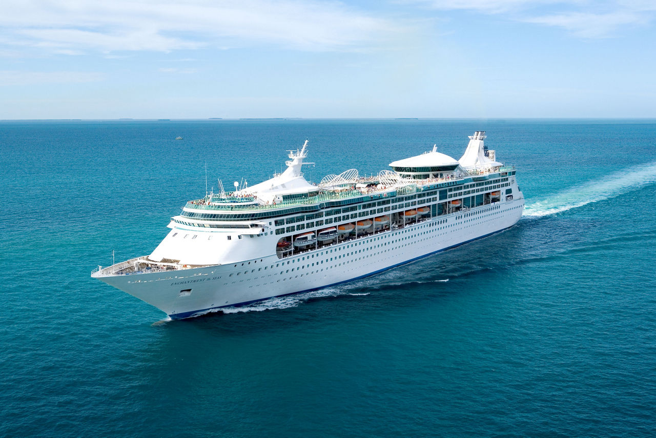 Aerial View of Enchantment of the Seas Cruise Ship With Destinations in CocoCay and Nassau, Bahamas