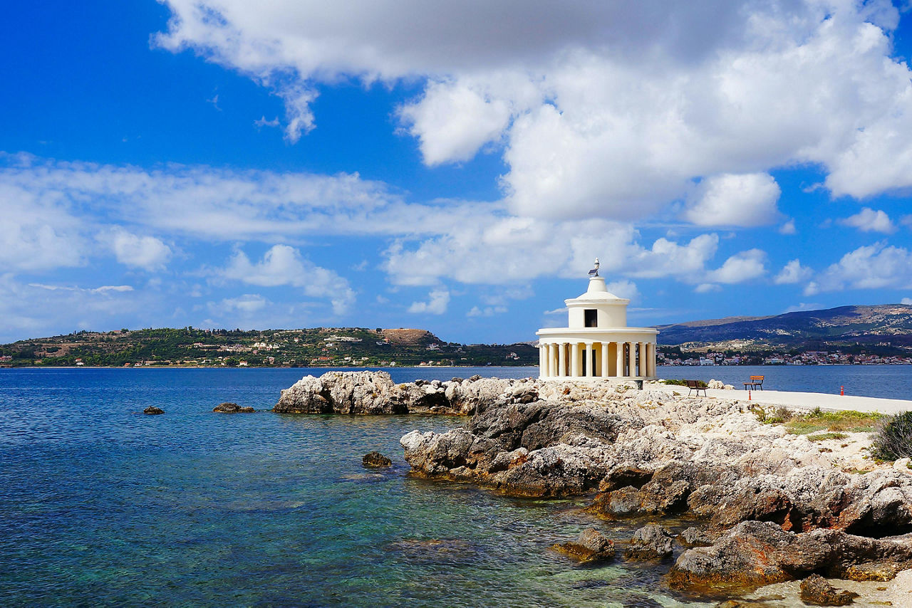 Fanari lighthouse on a sunny day in Argostoli, Greece