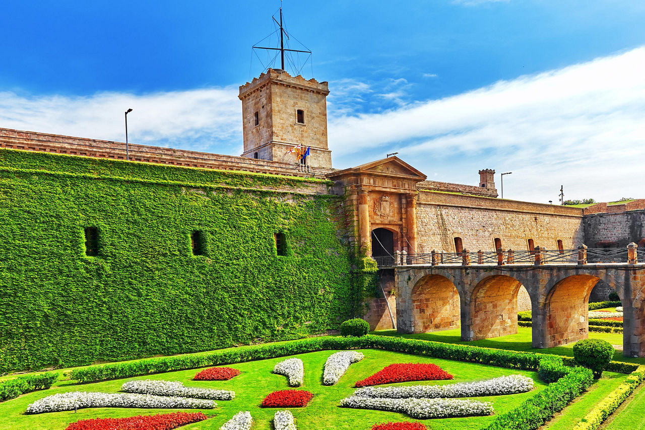 View of Castillo de Montjuic on mountain Montjuic in Barcelona, Spain