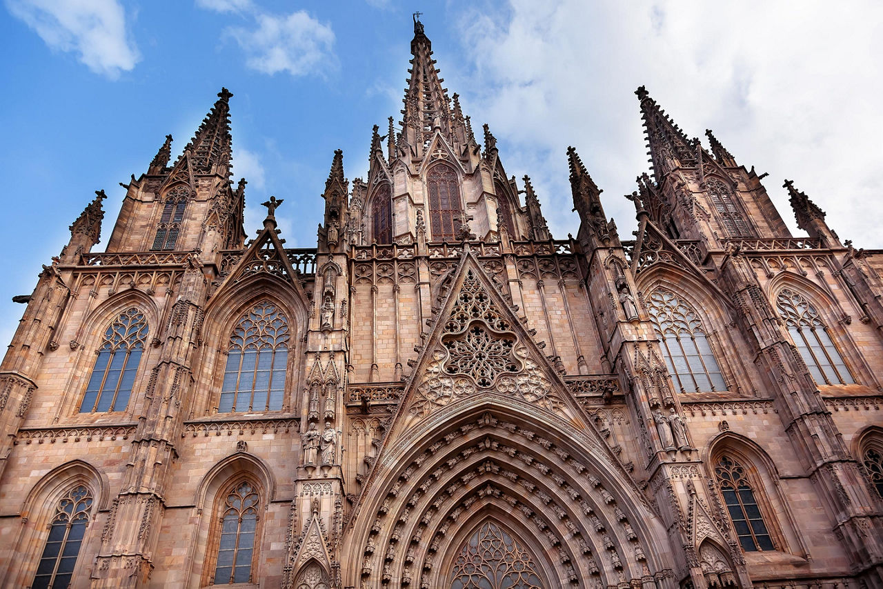 The gothic Barcelona Cathedral at night, in Barcelona Spain