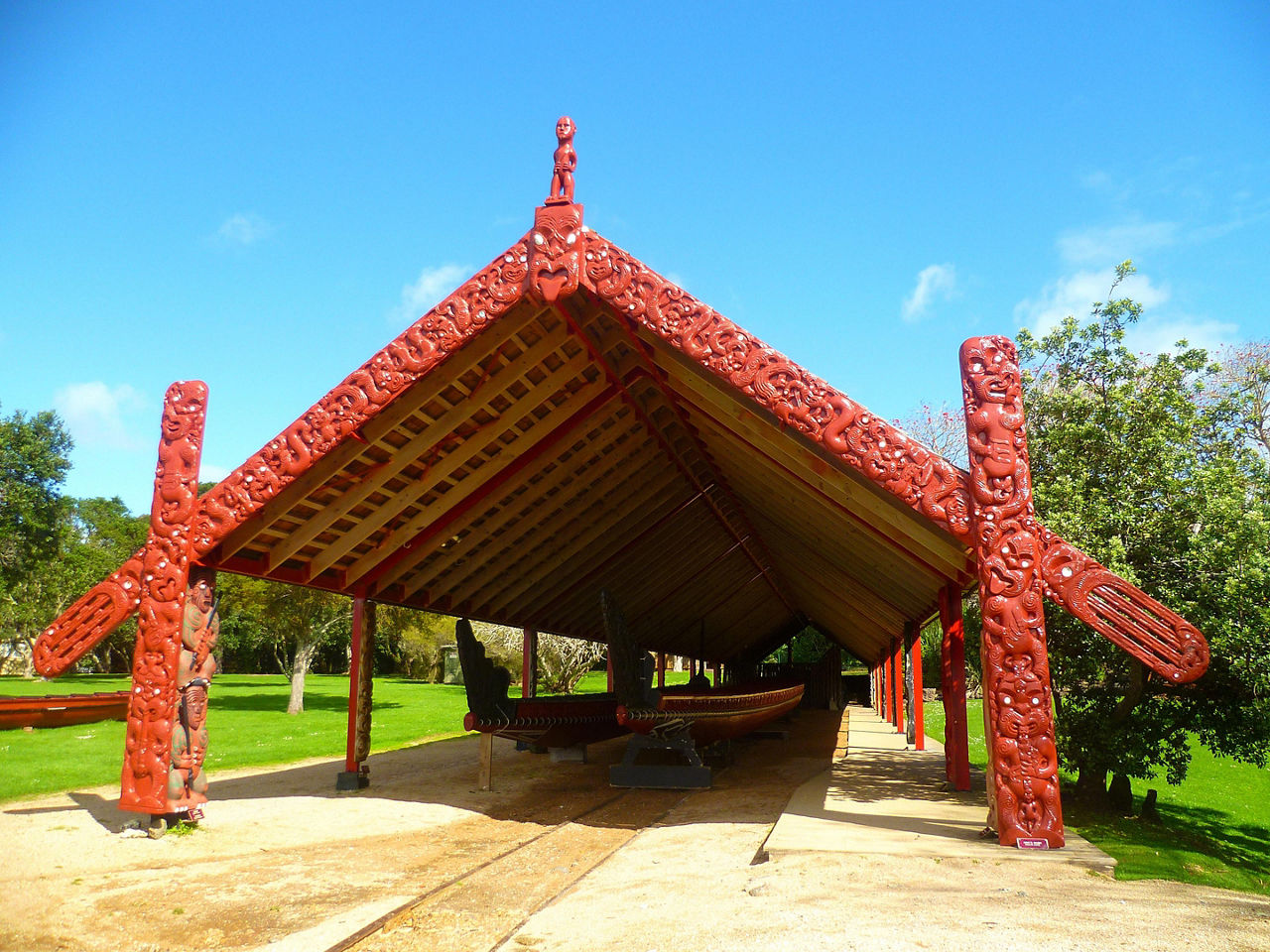 Traditional Maori canoe house at Waitangi Treaty Grounds, New Zealand