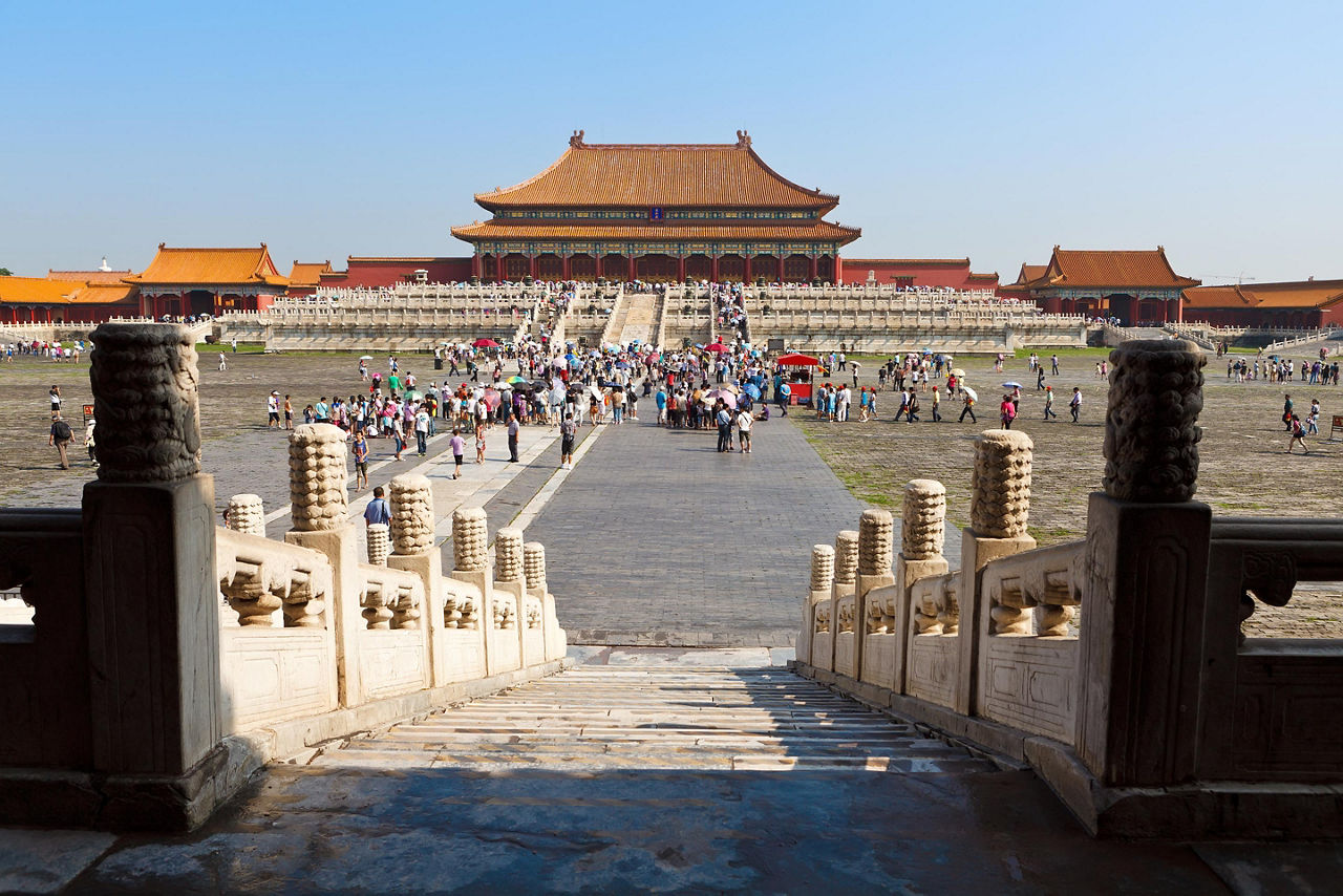 Tourists fill the grounds of the Taihedian Square in the Forbidden City in Beijing