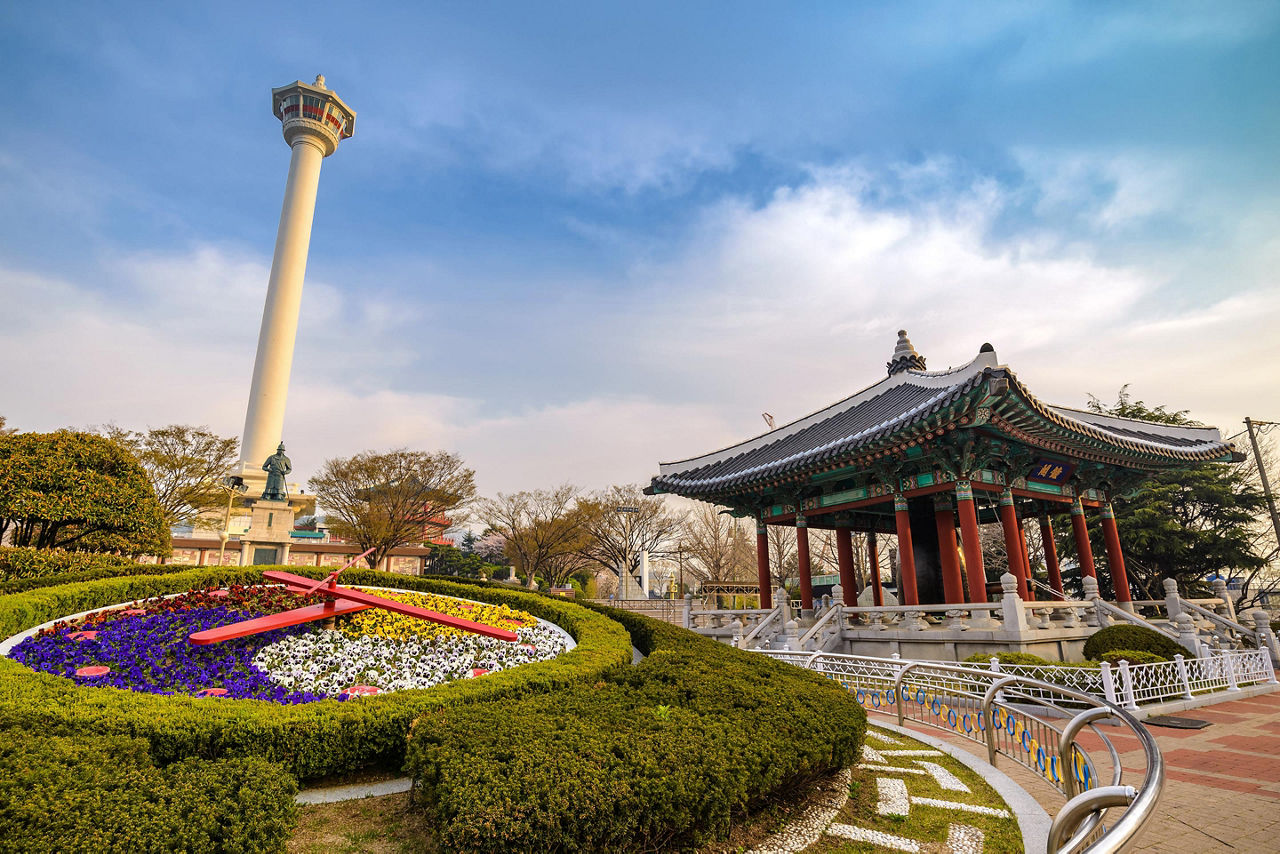 Busan Tower and flower clock in Busan, Korea