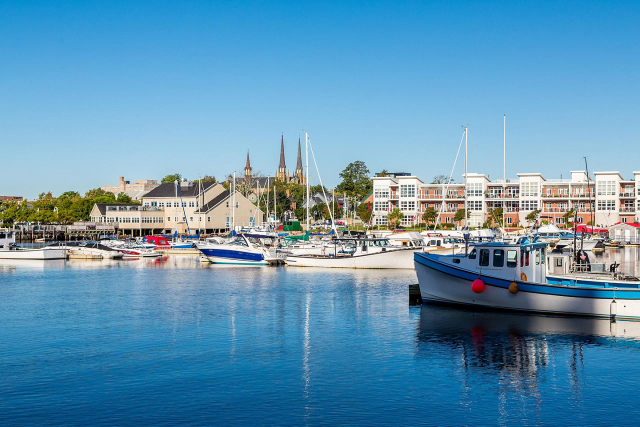 Boats docked at a harbor in Charlottetown, Prince Edward Island 