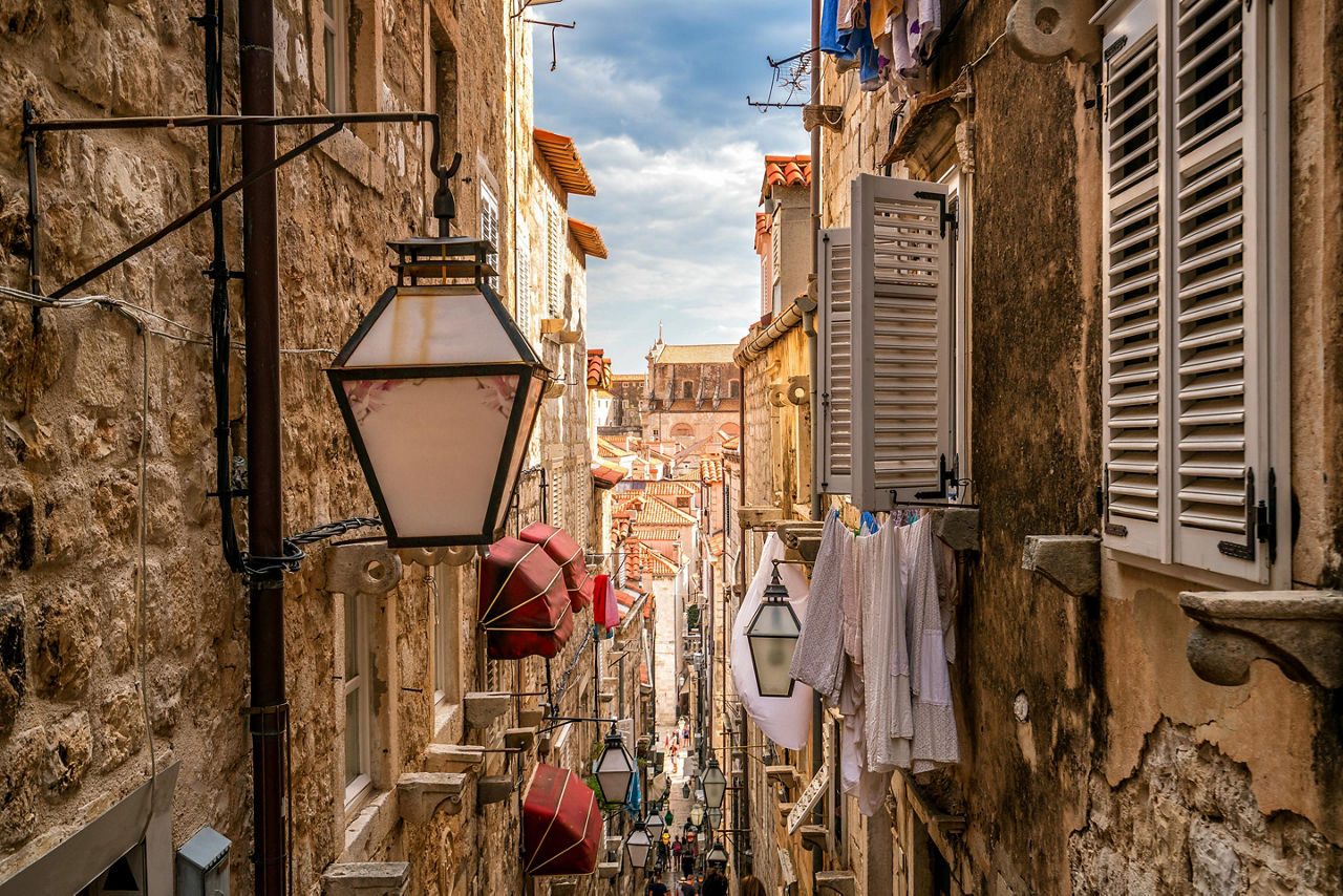 Famous narrow alley of old town Dubrovnik, Croatia