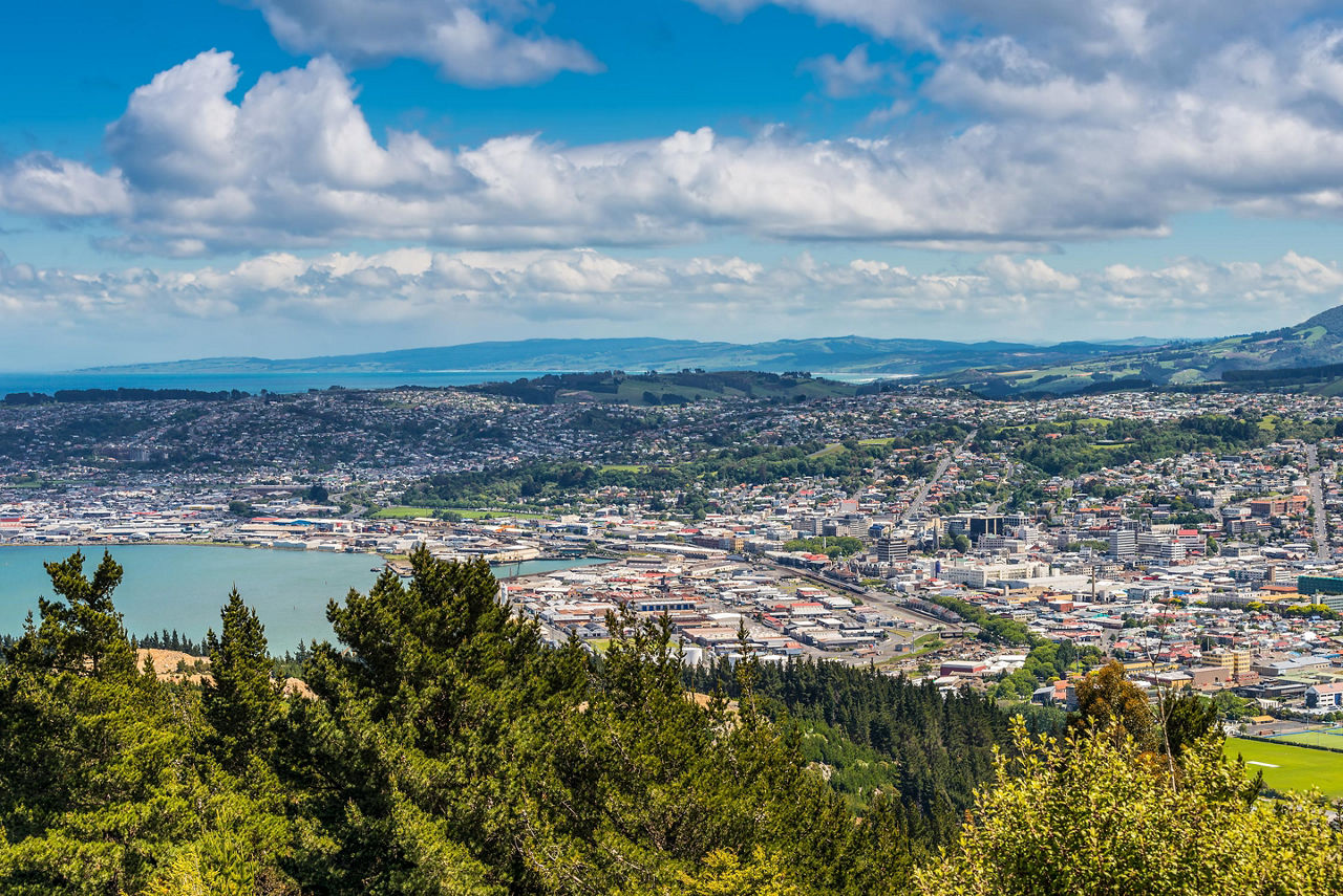 Views towards the city from the lookout at the Centennial Memorial on Signal Hill in Dunedin, New Zealand