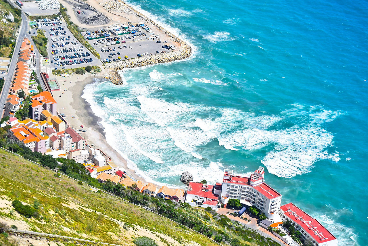 Hotel and beach view from top of the Rock of Gibraltar, United Kingdom