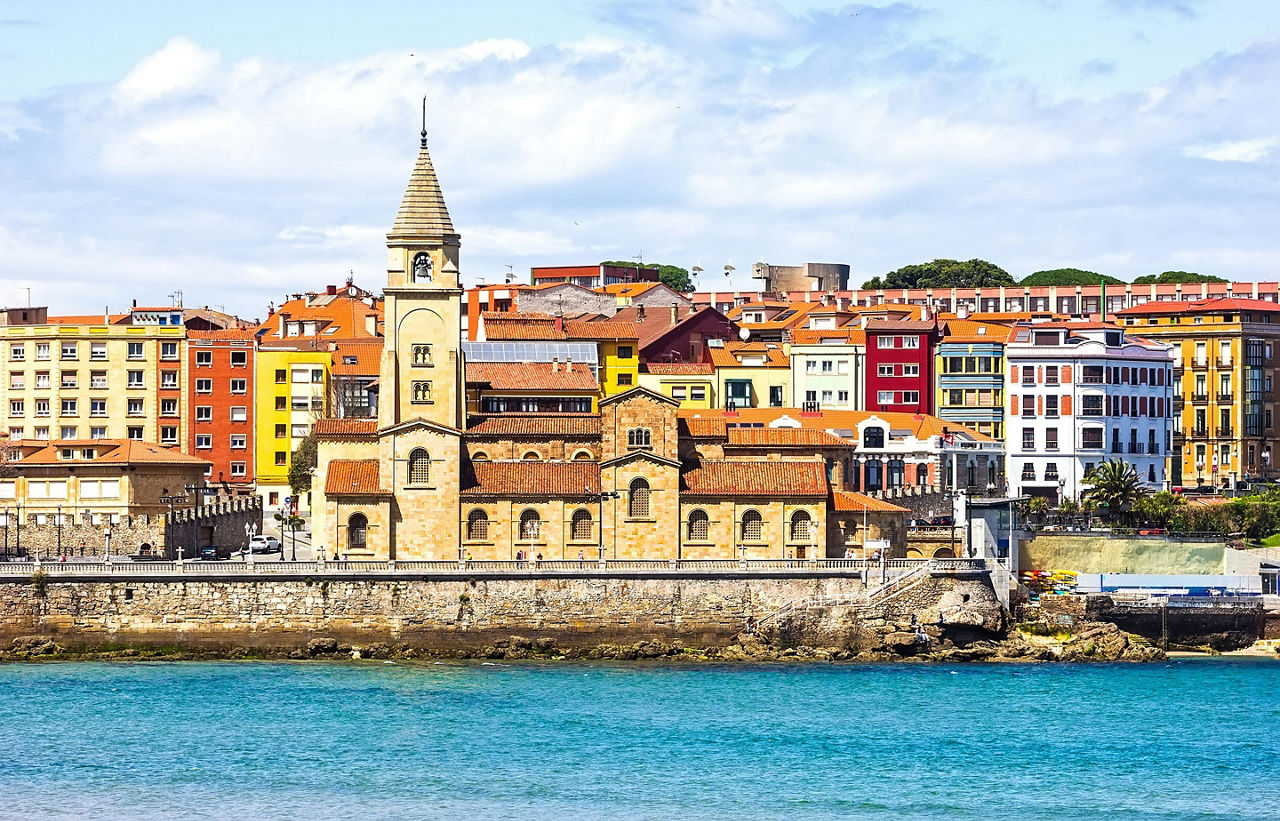 View of the San Pedro Church on the coast in Gijon, Spain,