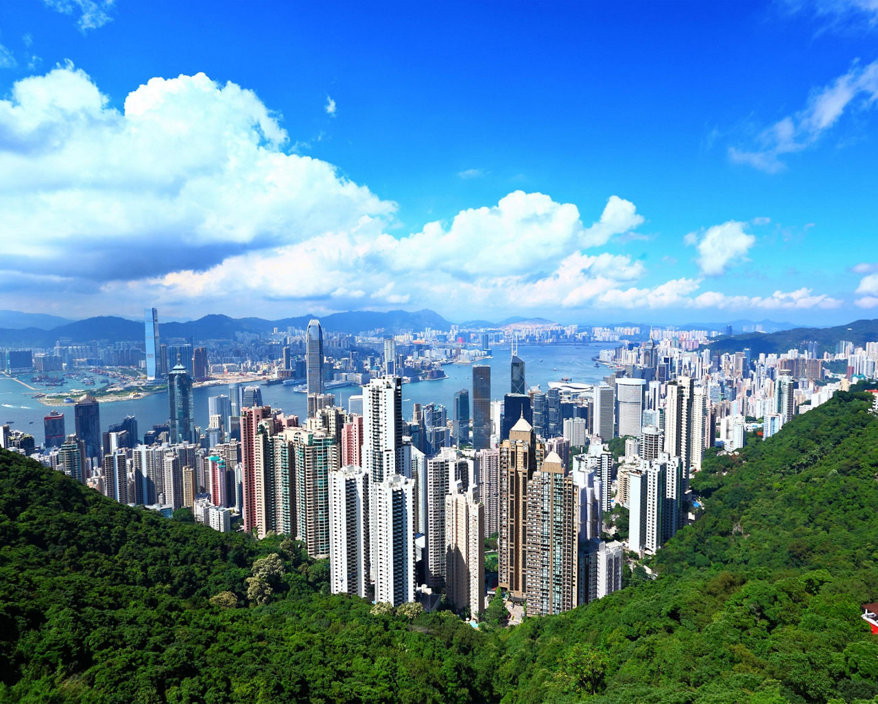 View from a mountain top looking down at the Hong Kong skyline