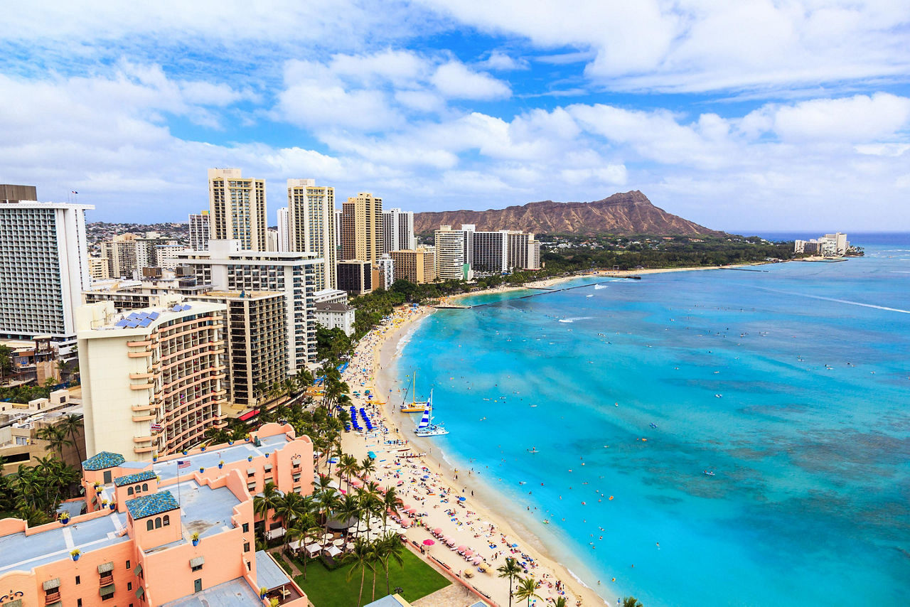 Aerial view of Waikiki Beach in Honolulu, Hawaii
