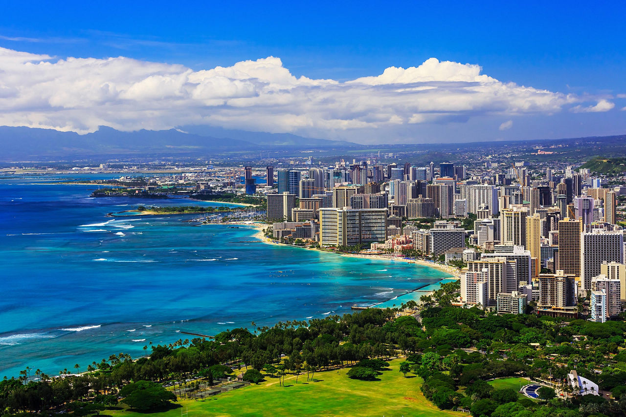 Aerial view of the Honolulu, Hawaii coast and skyline