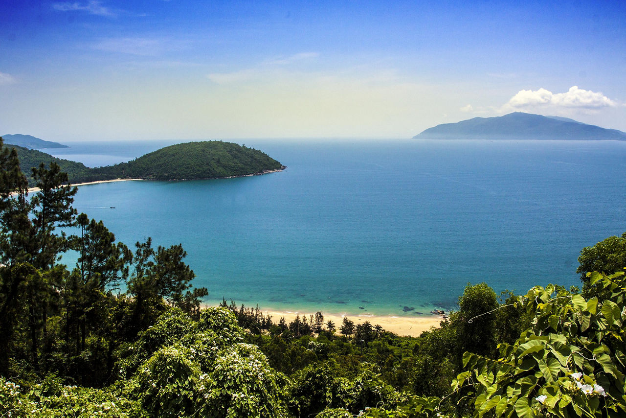 Ocean view from mountains overlooking the Hai Van Pass in Vietnam