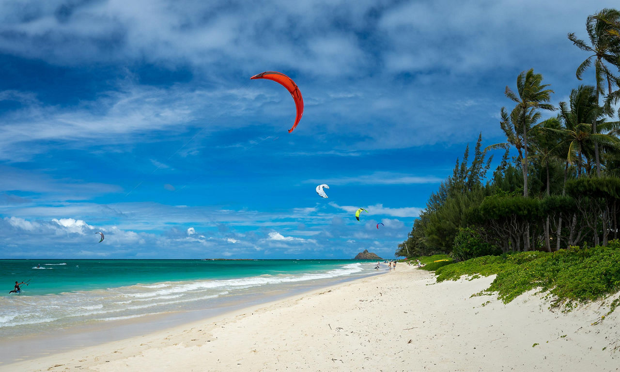  A red kite surfing on the beach of Kailua Kona, Hawaii