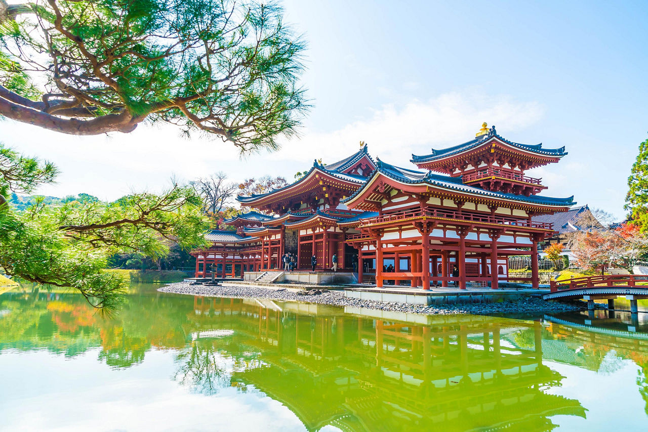 Beautiful Japanese red temple with a green pond and trees in Kyoto, Japan