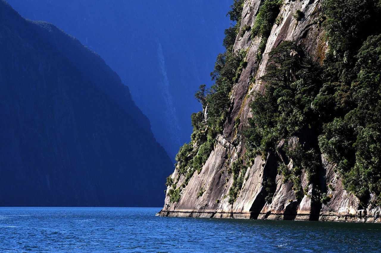 Landscape view of Fiordland National Park with the mountainside meeting the ocean in New Zealand