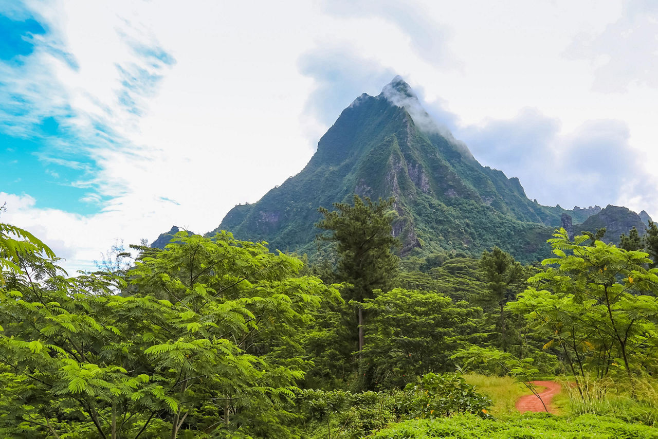 View of the interior landscape and towering mountain peak in Moorea Island, French Polynesia