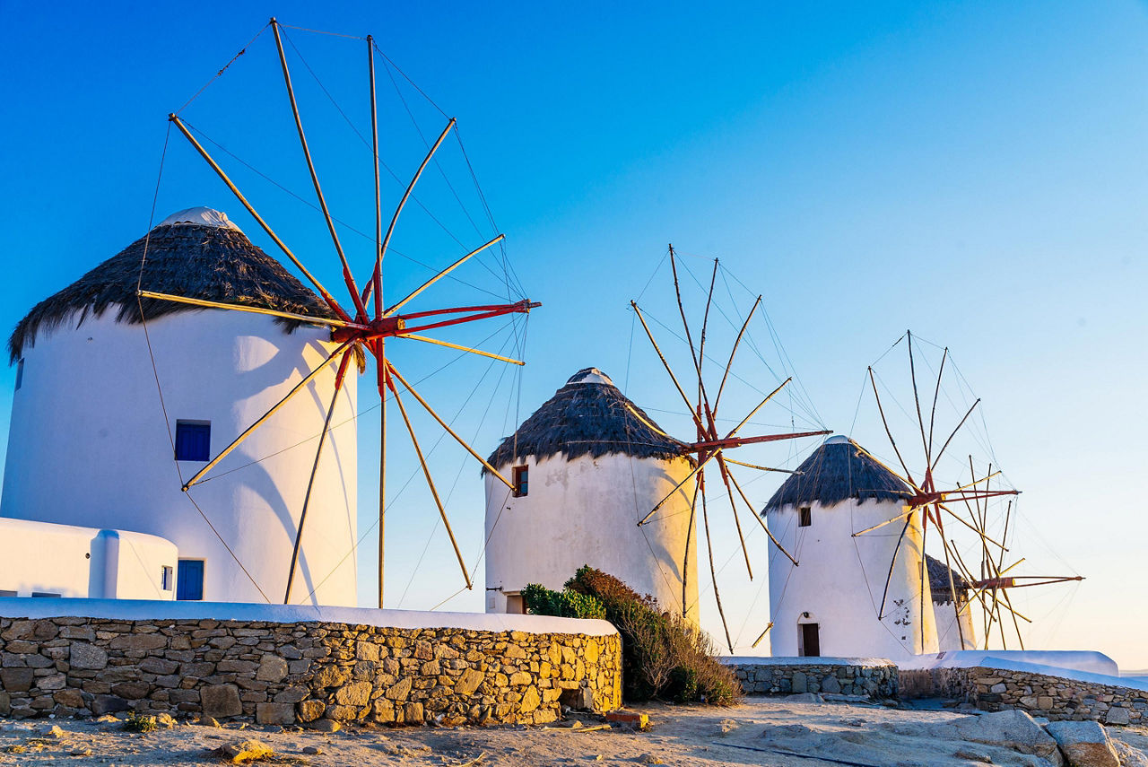 Famous windmills during sunset in Mykonos, Greece