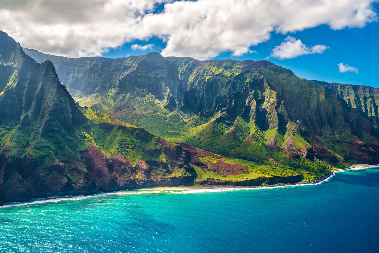 Aerial view of the mountainous Napali Coast, Hawaii, from an angle