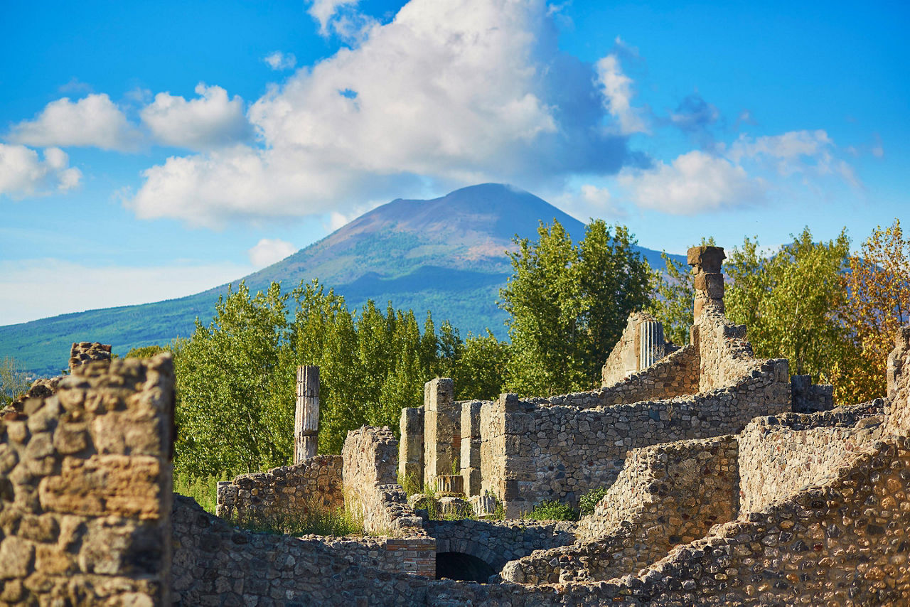 Mount Vesuvius towering over the ruins of Pompeii in Naples