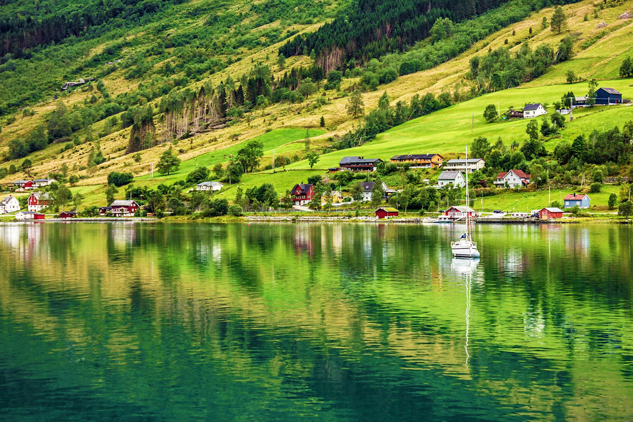 Buildings on the coast of Olden, Norway