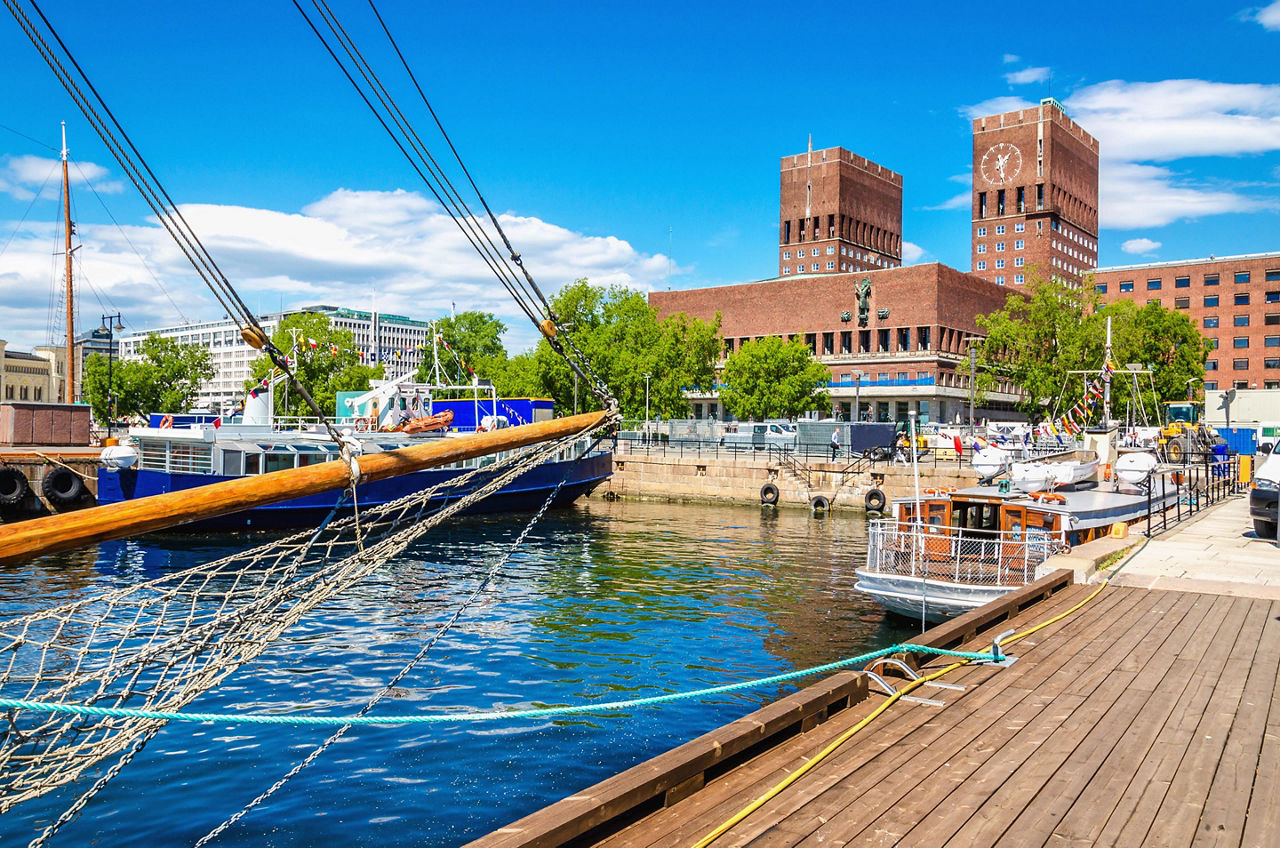 View of Oslo's city hall from harbor
