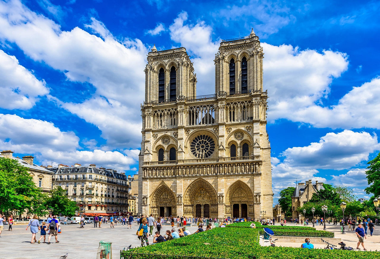 View of the front of the Notre Dame de Paris cathedral in Paris, France