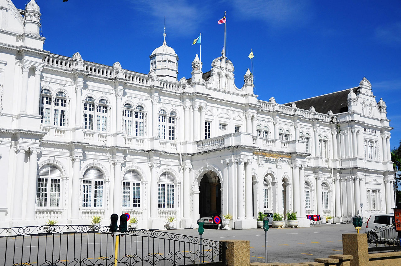City Hall in George Town, a white colonial architecture building in Penang, Malaysia