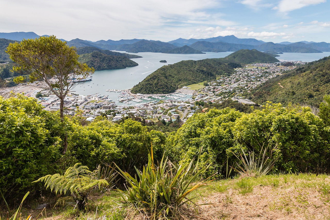 Aerial view of Picton and Marlborough Sounds in New Zealand