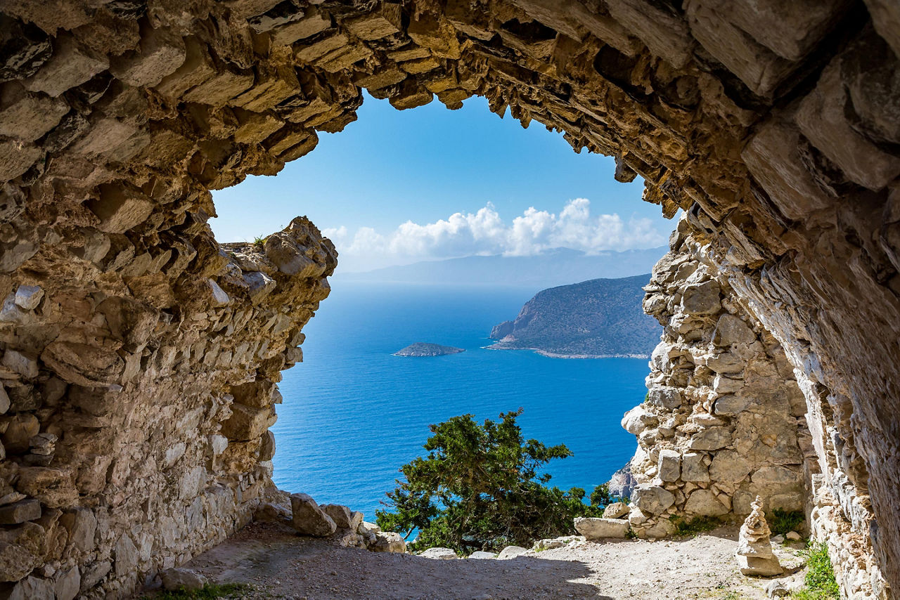 The ruins of a church in Monolithos Castle in Rhodes, Greece