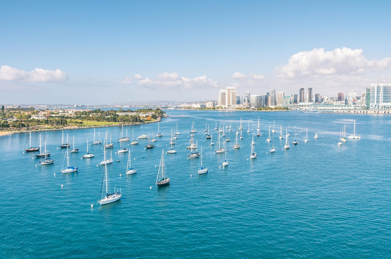 iew of skyline of San Diego, California from Point Loma Island