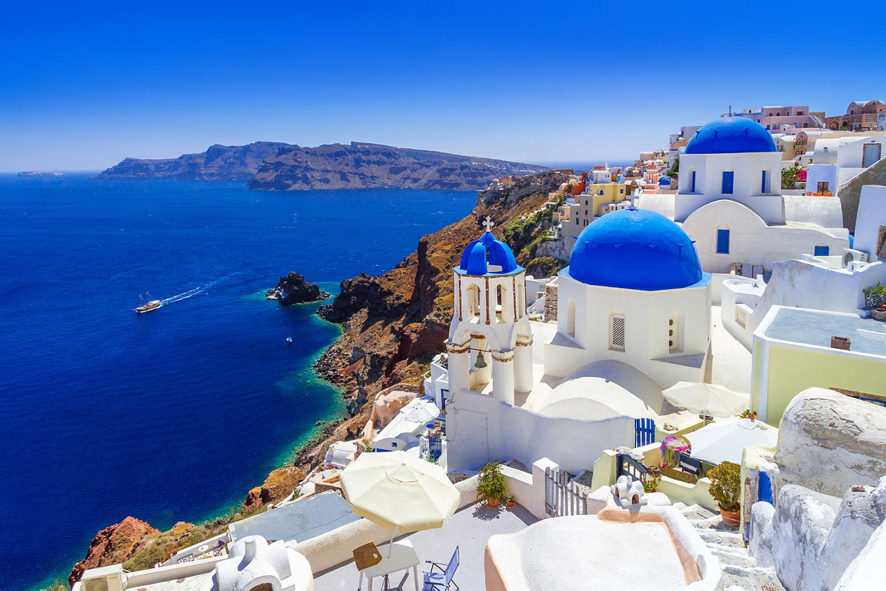 Classic white and blue houses of Oia in Santorini, Greece