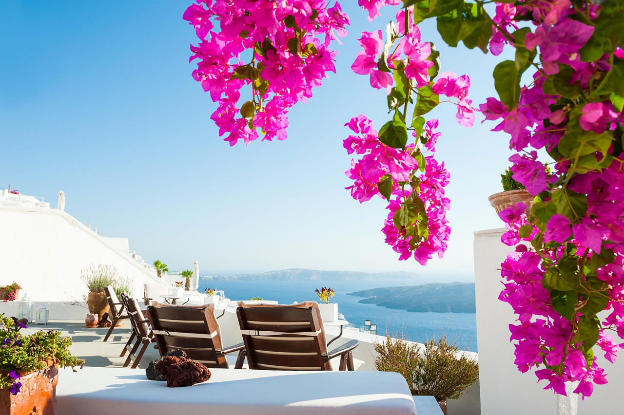 View of the sea from a beautiful terrace with flowers in Santorini, Greece