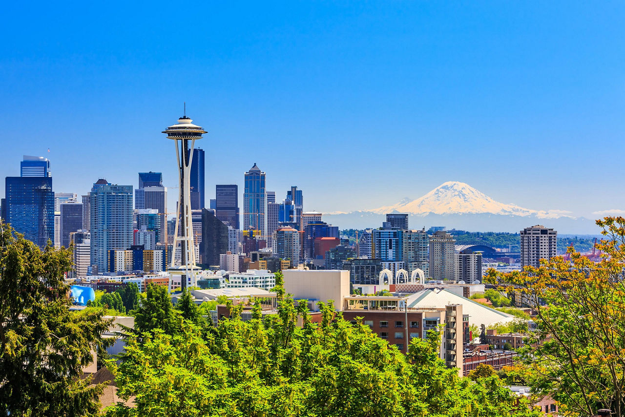 Seattle downton skyline with Space Needle and Mount Rainer in Seattle, Washington