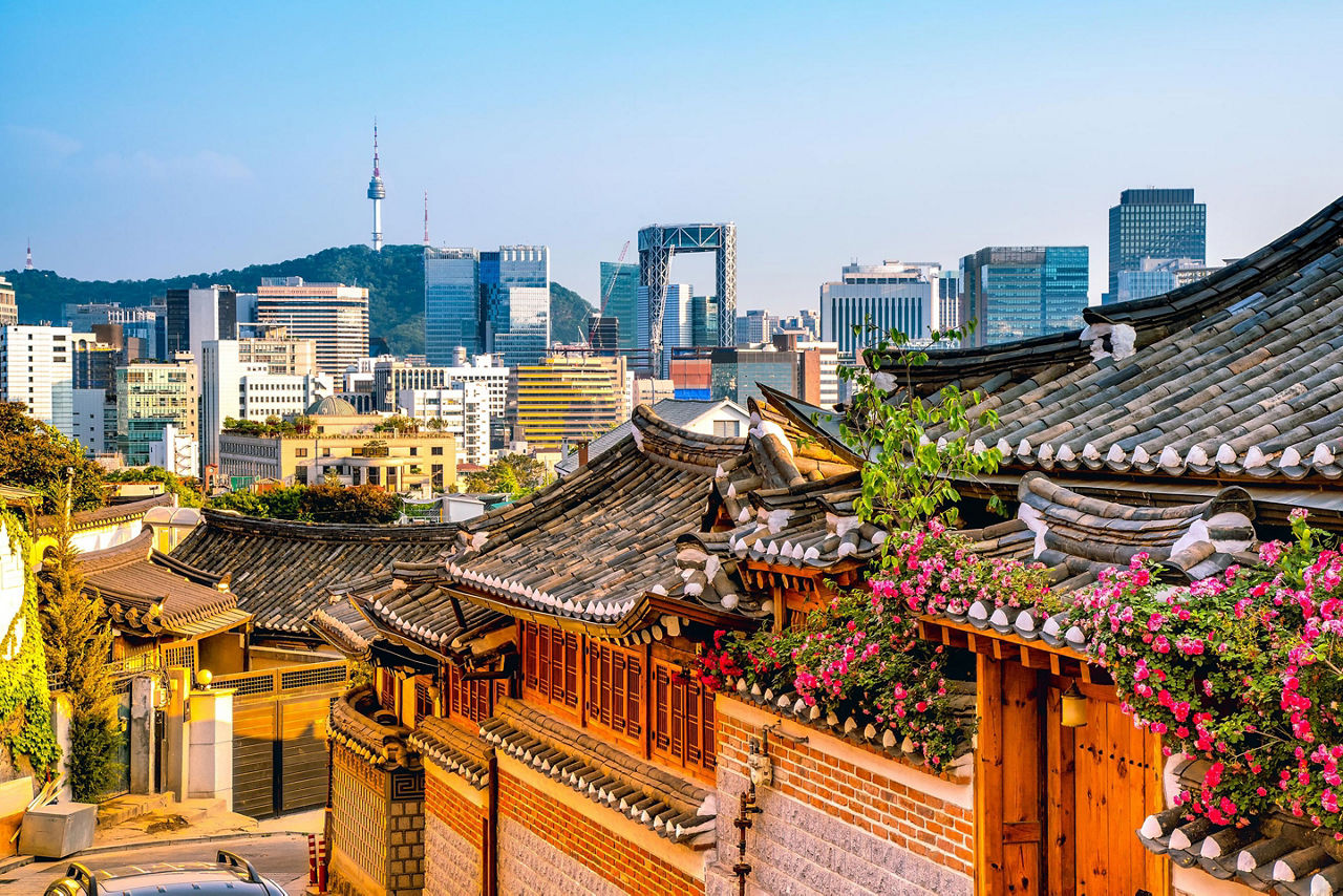 View of Bukchon Hanok village and the city in Seoul, South Korea