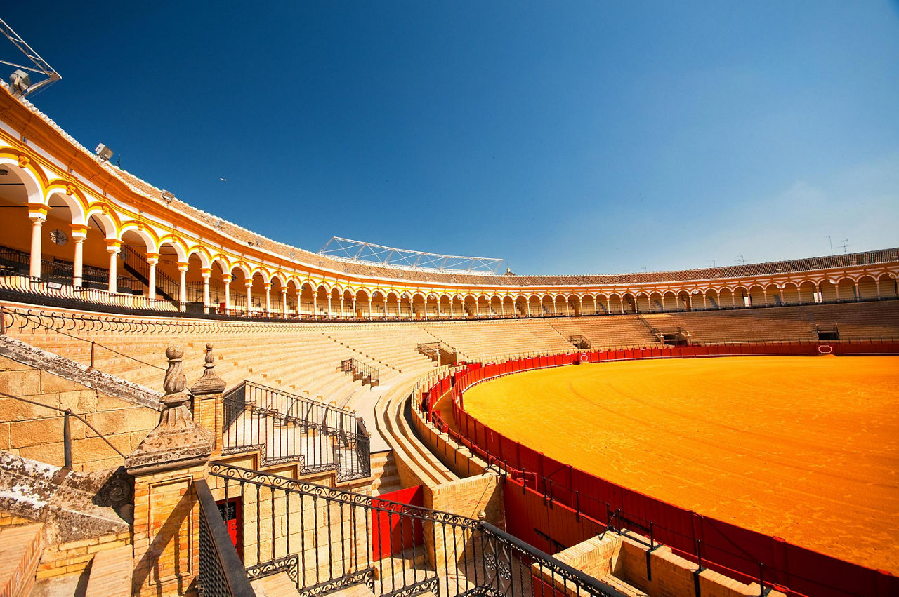 A bull fighting arena is Seville, Spain