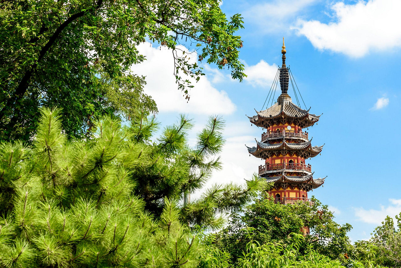 View of a traditional Chinese pagoda from the street in Shanghai, China