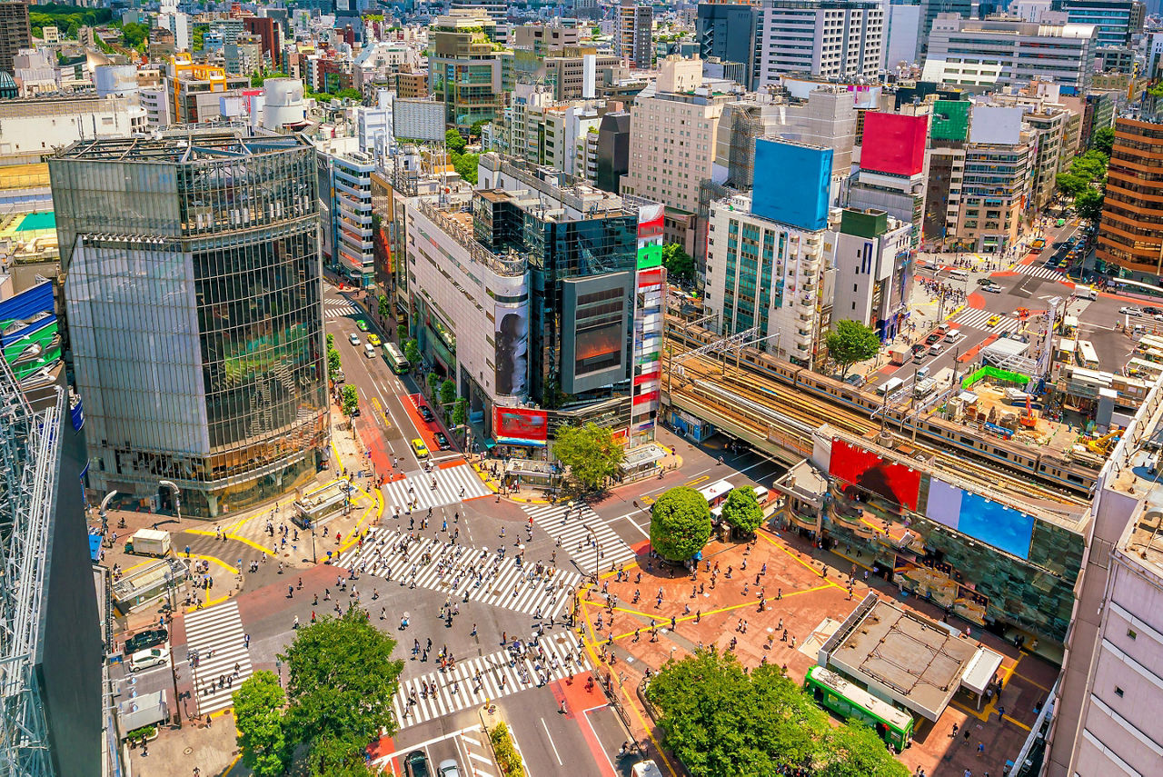 Aerial view of the Shibuya Crossing in Tokyo, Japan